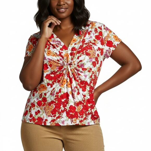 Chaus Red & Orange Floral Twist Knot Front Mod Poplin Blouse Top Sz M - Picture 1 of 12